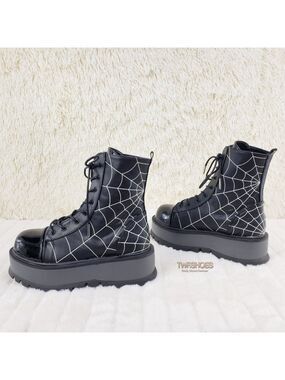 Black Matte Platform Spider Web Ankle Boots Punk Rave Festival Slacker